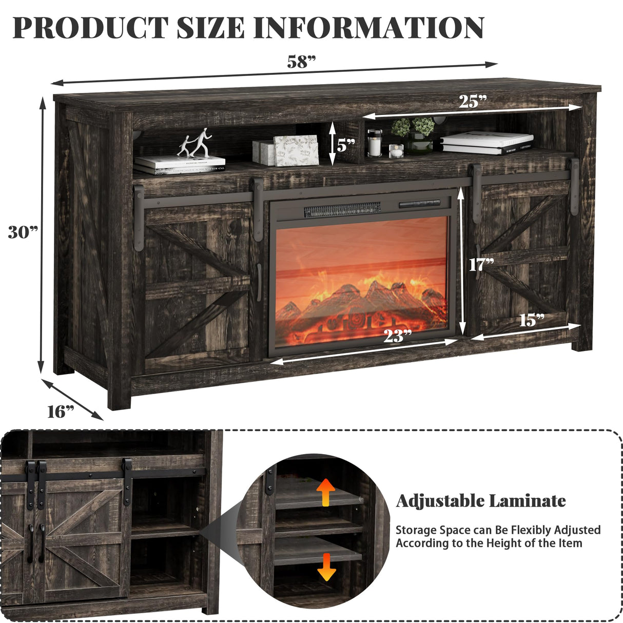 TIMWNER Fireplace TV Stand for TVs Up to 70", Entertainment Center with Fireplace Includes 12 Color Light Options, Black TV Stands for Living Room, Bedroom, 58 inch TV Stand TIMWNER