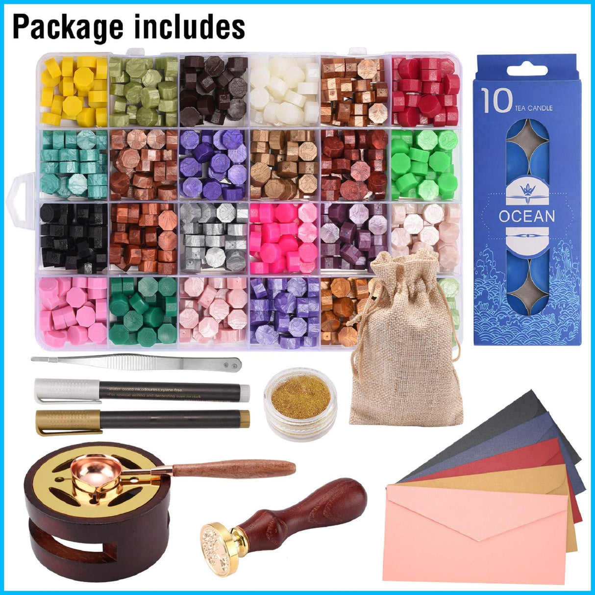 CHUHUAYUAN Wax Seal Stamp Kit - 24 Colors, 624 Pcs Stamp Beads, Sealing Wax Warmer, Metallic Pen & Envelope, Gift & Decoration Set CHUHUAYUAN