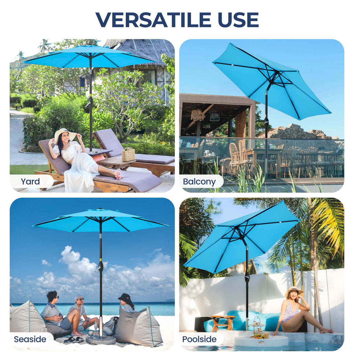 SUNVIVI OUTDOOR 7.5' Outdoor Patio Umbrella, Patio Umbrella, Market Umbrella, Luxury Aluminum Pole Umbrella with Push Button Tilt and Crank, 6 Ribs, Polyester Canopy, Blue SUNVIVI OUTDOOR