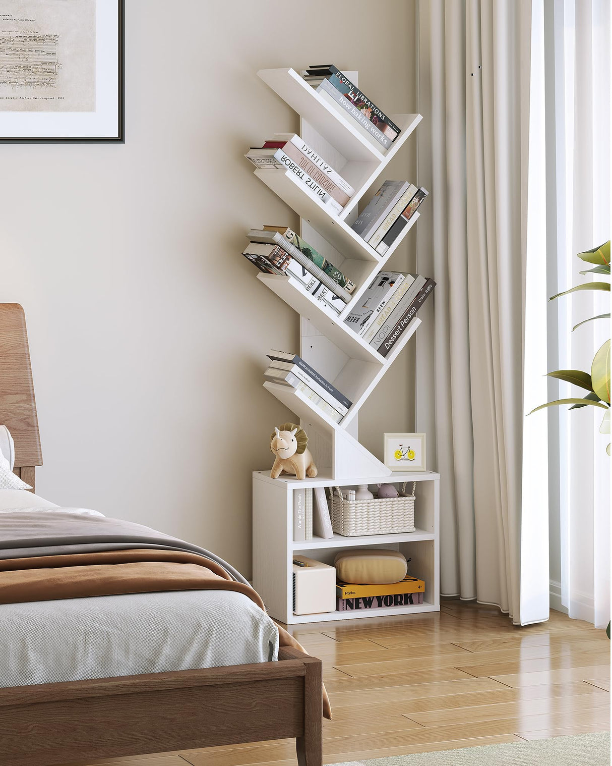 SUNMORY 6 Tier Tree Bookshelf, Tall Bookcase with Storage Cabinet, Modern Narrow Bookshelves Organizer, Floor Standing Book Shelf for Bedroom/Living Room/Home Office/Corner, White SUNMORY