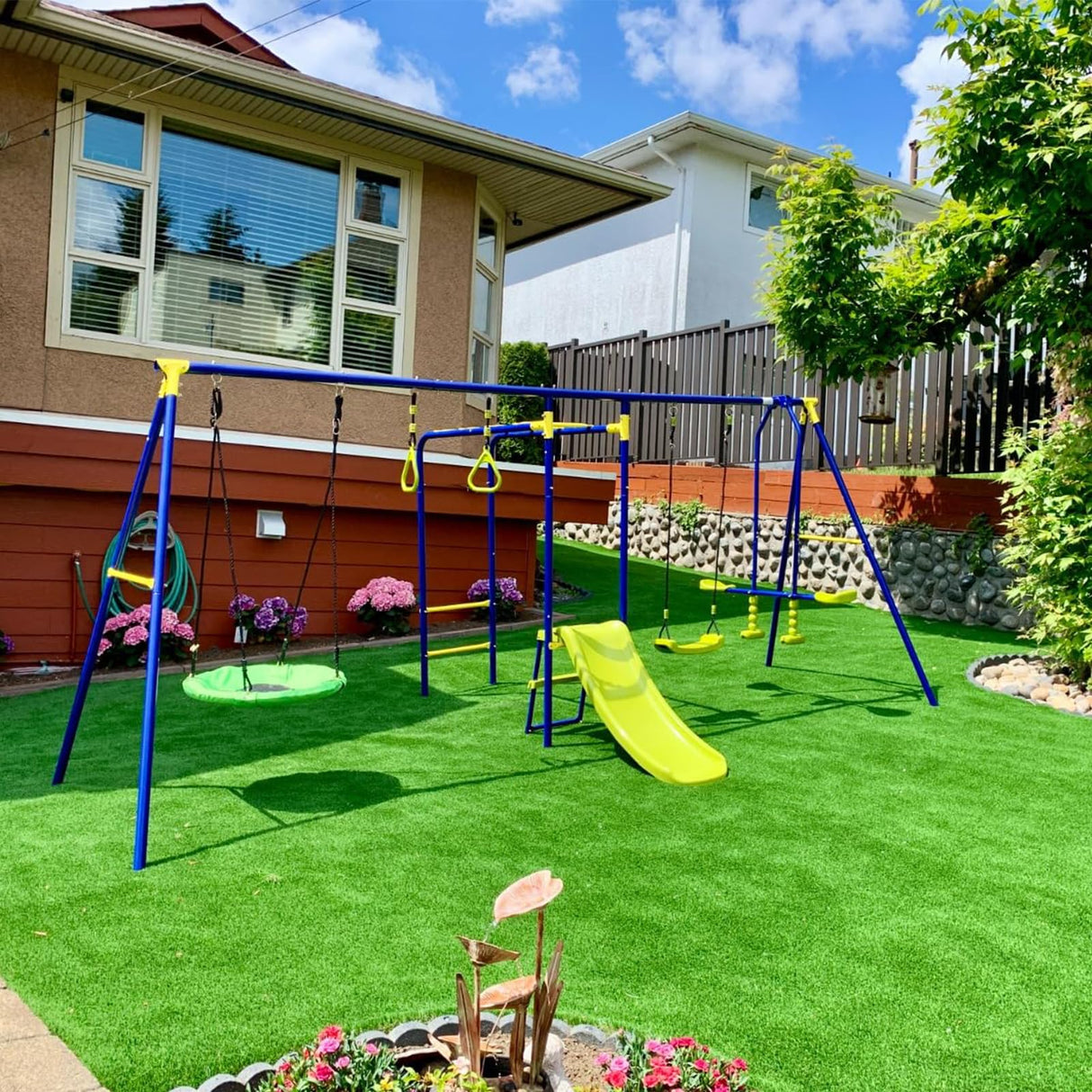 HONEY JOY Swing Set, 660lbs 7-in-1 Heavy Duty Swingset Outdoor for Kids w/A-Frame Metal Swing Stand, 2 Swings, Glider, Gym Rings, Slide, Monkey Bar, Basketball Hoop, Swing Sets for Backyard HONEY JOY