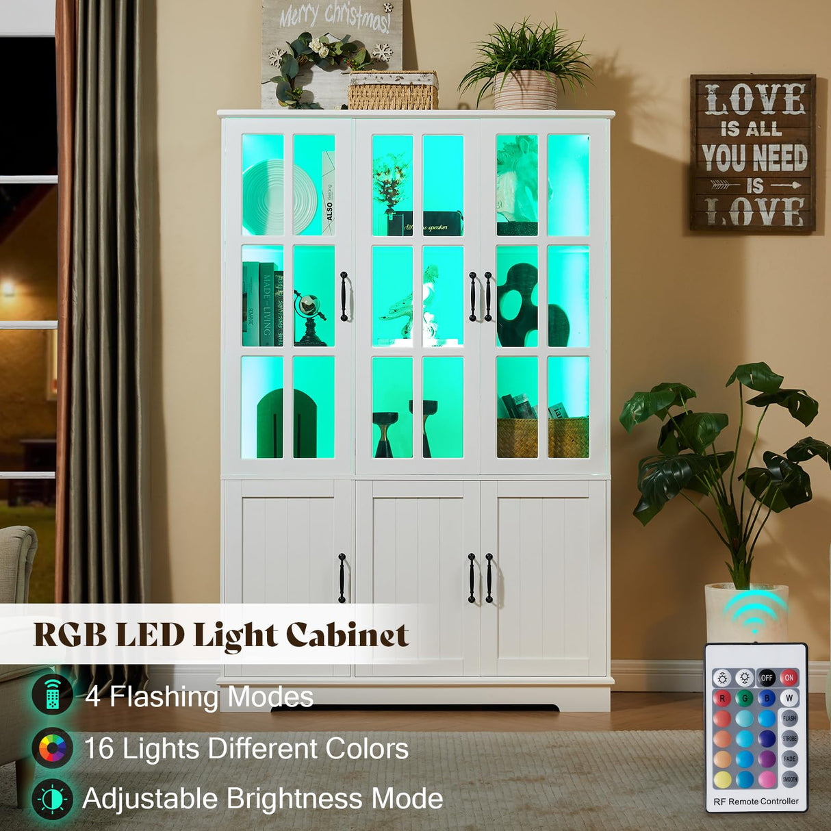 LUXOAK 71" Tall Bookshelf with Doors, LED Display Cabinet with 5-Tier Storage Shelves, White Bookcase for Study/Home Office/Living Room, 6-Door LUXOAK