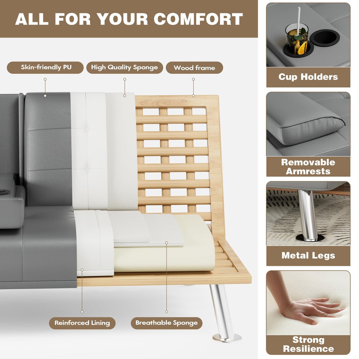 Homall Futon Sofa Bed, Leather Futon Couch with Removable Armrests, Adjustable Recliner Sleeper Sofa Bed with Dual Cup Holders for Living Room, Apartment, Office (Grey) Homall