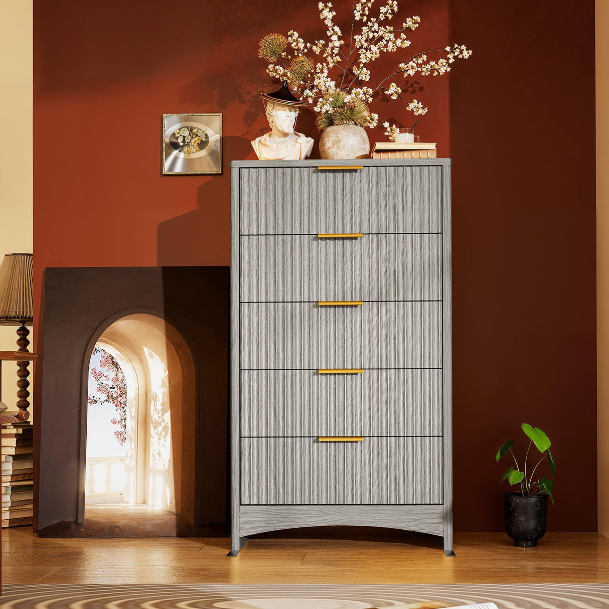 Marsail 5 Drawer Tall Wooden Dresser with Smooth-Glide Drawers, Modern Storage Solution for Bedrooms and Hallway, Featuring Large Capacity and an Elegant Natural Wood Finish, Light Grey Marsail