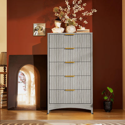 Marsail 5 Drawer Tall Wooden Dresser with Smooth-Glide Drawers, Modern Storage Solution for Bedrooms and Hallway, Featuring Large Capacity and an Elegant Natural Wood Finish, Light Grey