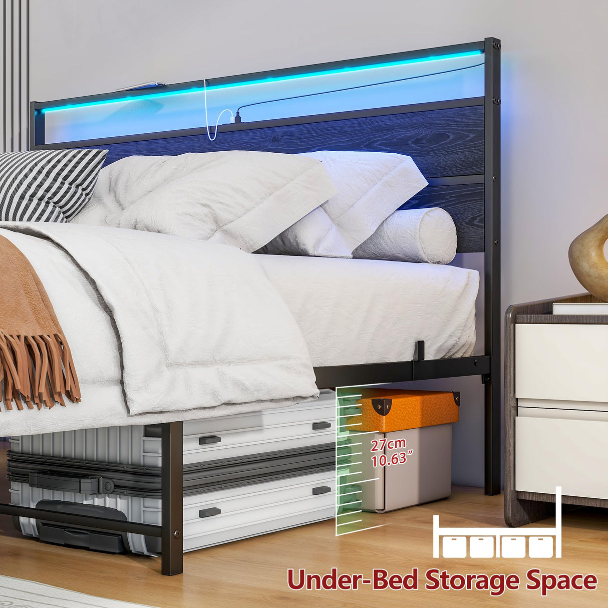 HOJINLINERO Queen Bed Frame with Headboard, LED Lights & Charging Station - Heavy Duty Metal Platform Bed HOJINLINERO