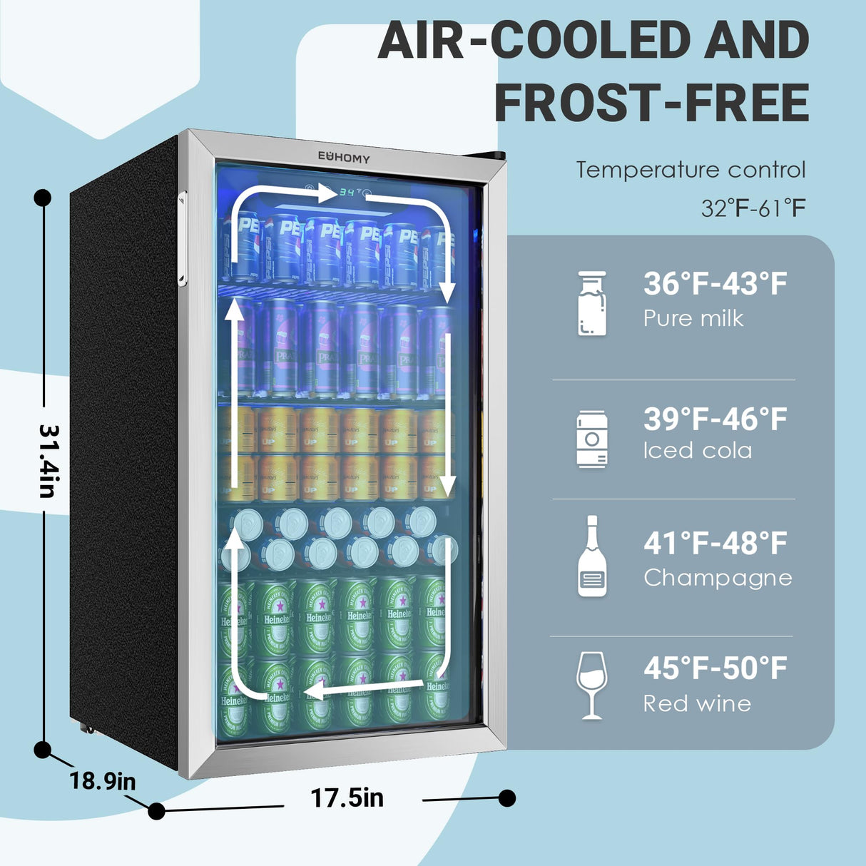 EUHOMY Beverage Refrigerator and Cooler, 126 Can Mini fridge with Glass Door, Small Refrigerator with Adjustable Shelves for Soda Beer or Wine, Perfect for Home/Bar/Office, Silver EUHOMY