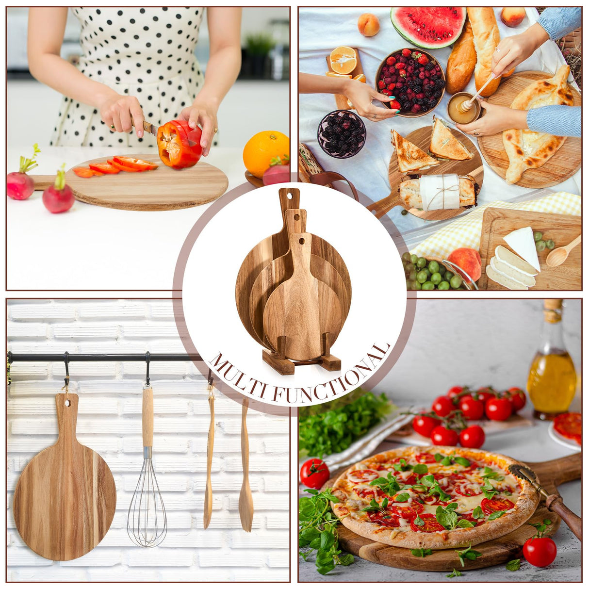 Hushee 3 Pcs Acacia Wood Cutting Board with Handle Round Wooden Chopping Board and Dish Rack Set Serving Platter Pizza Paddle and Plate Rack Stand Hushee