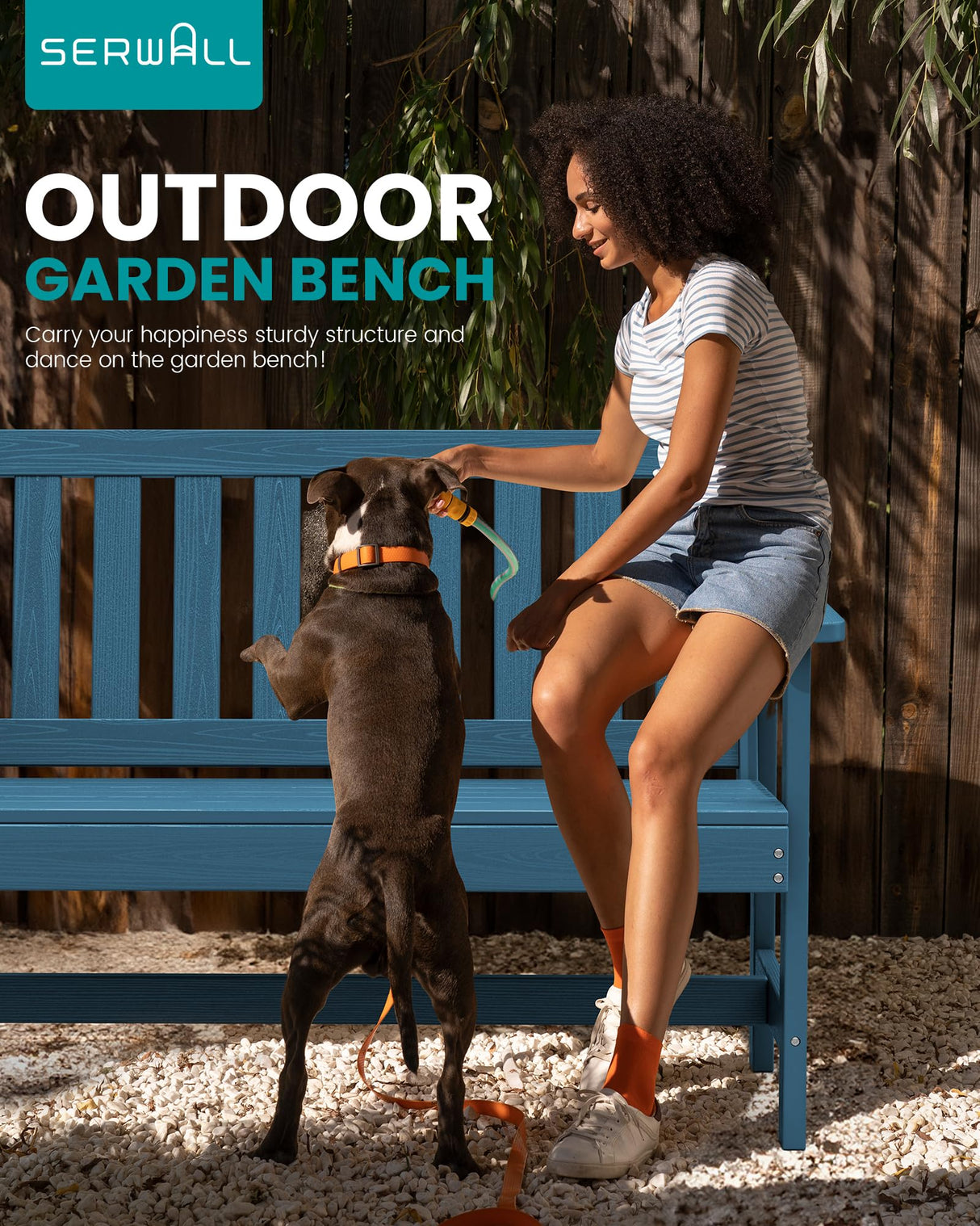 SERWALL Outdoor Bench, HDPE Outdoor Benches Weatherproof, 2-Person Garden Bench with 660 lbs Weight Capacity, Patio Benches for Outdoors, Garden, Porch, Backyard and Park, Navy Blue SERWALL