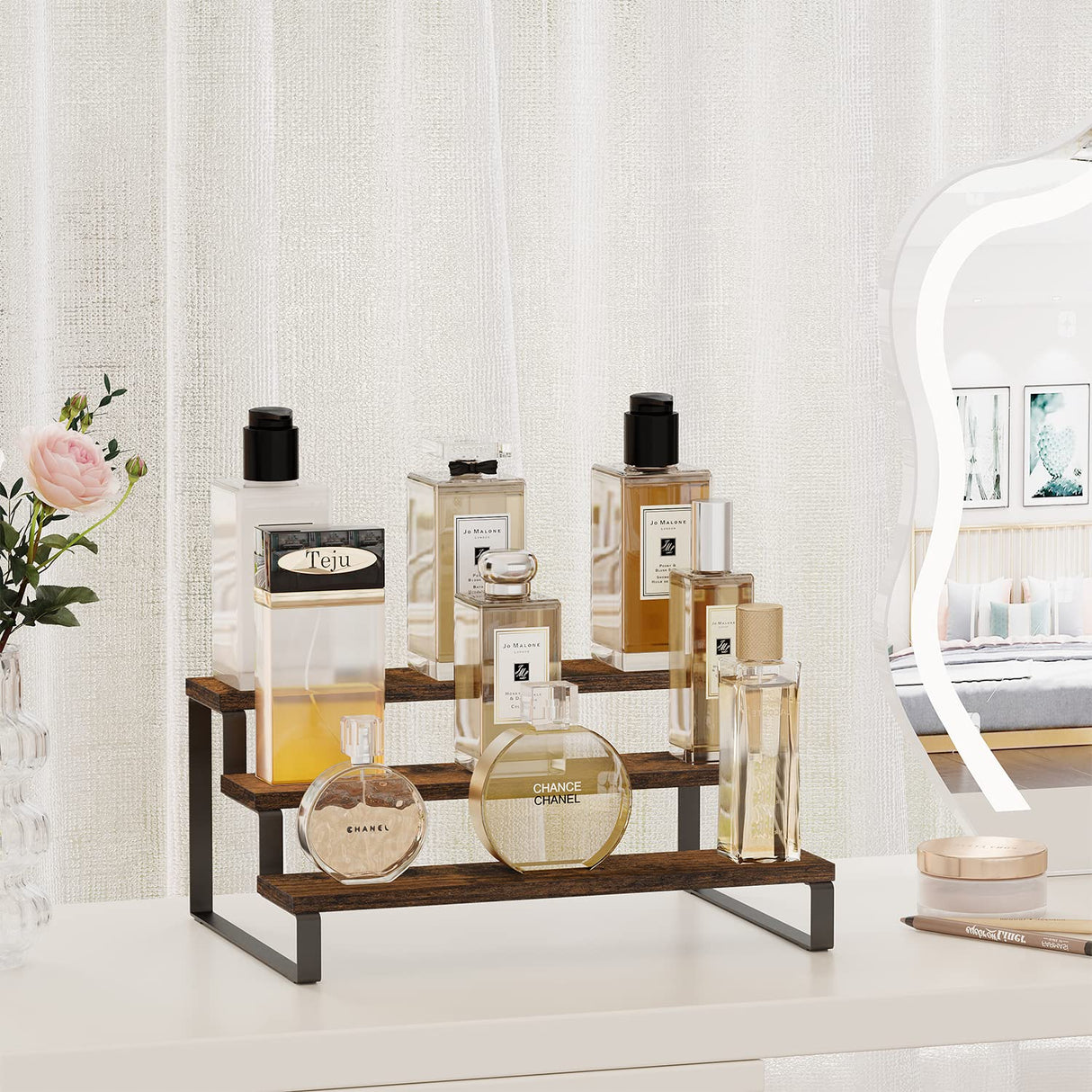 YINMIT Wooden Display Riser Stand, Tiered Perfume and Cologne Organizer Stand, 3 Tier Spice Rack Organizer, Rustic Display Shelf for Candles (3 Tier) YINMIT