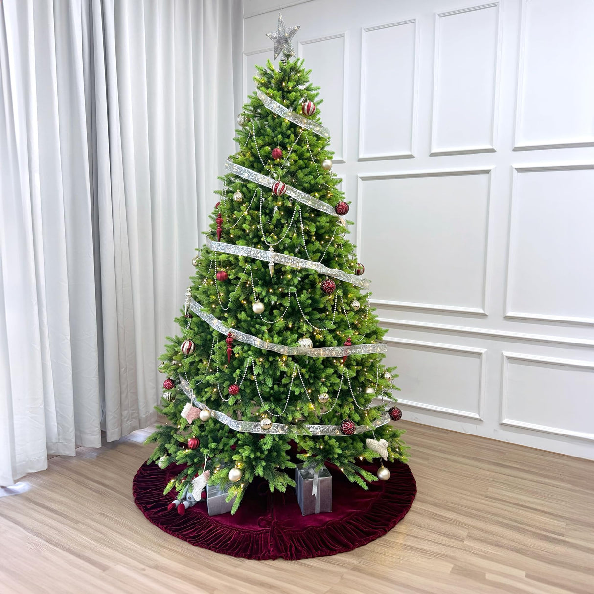 72-Inch Ruffled Velvet Christmas Tree Skirt, Thick Foam-Lined Heavy Duty Fabric with Plush Lace Ties, Wine Red Starry Dynamo