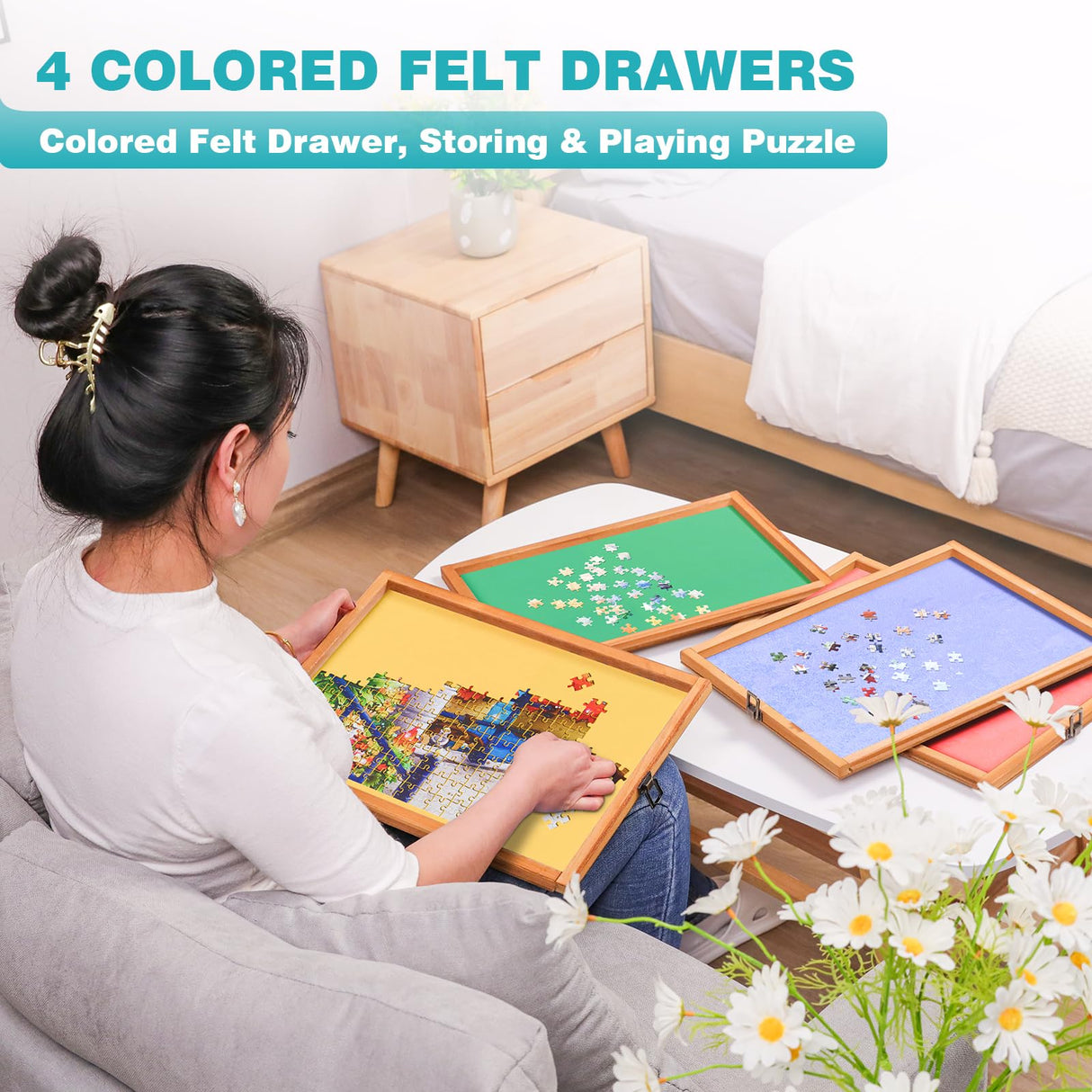 BittPicc 1500 Piece Puzzle Table with Drawers 25"x34" Wooden Jigsaw Puzzle Table with Legs and Protective Cover Adjustable Portable Puzzle Tables for Adult Folding Puzzle Board Table BittPicc