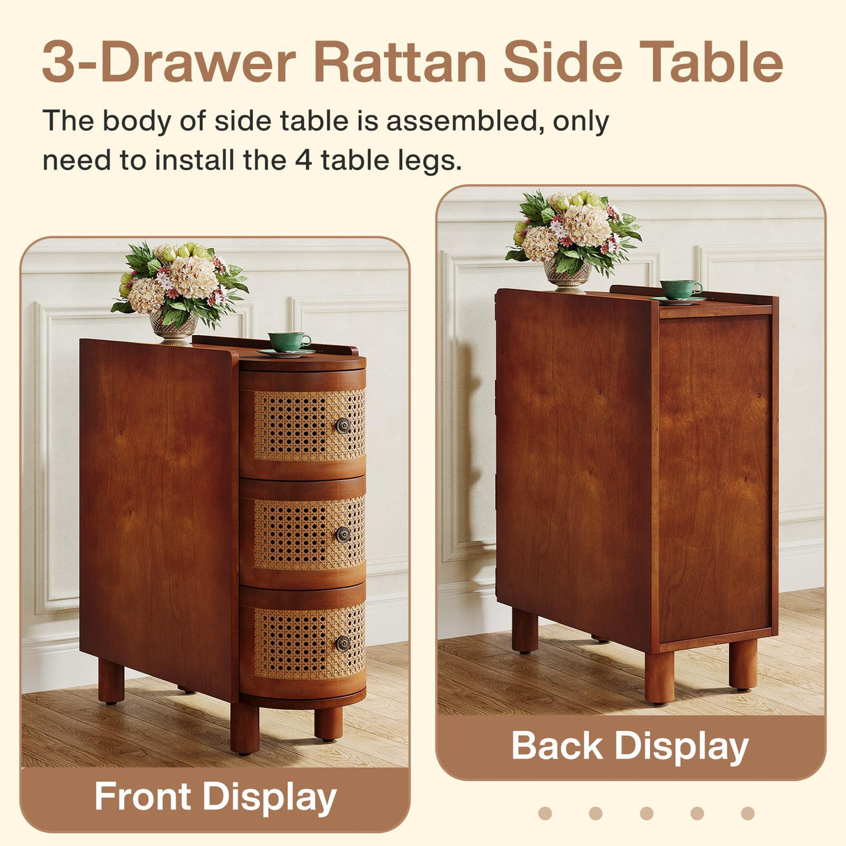 Tribesigns Solid Wood End Table, 3-Drawer Rattan Side Table, Night Stand with 3 Rattan Drawers and Exquisite Embossed Handles for Living Room, No Assembly Required (Walnut & Oak, 1PC) Tribesigns