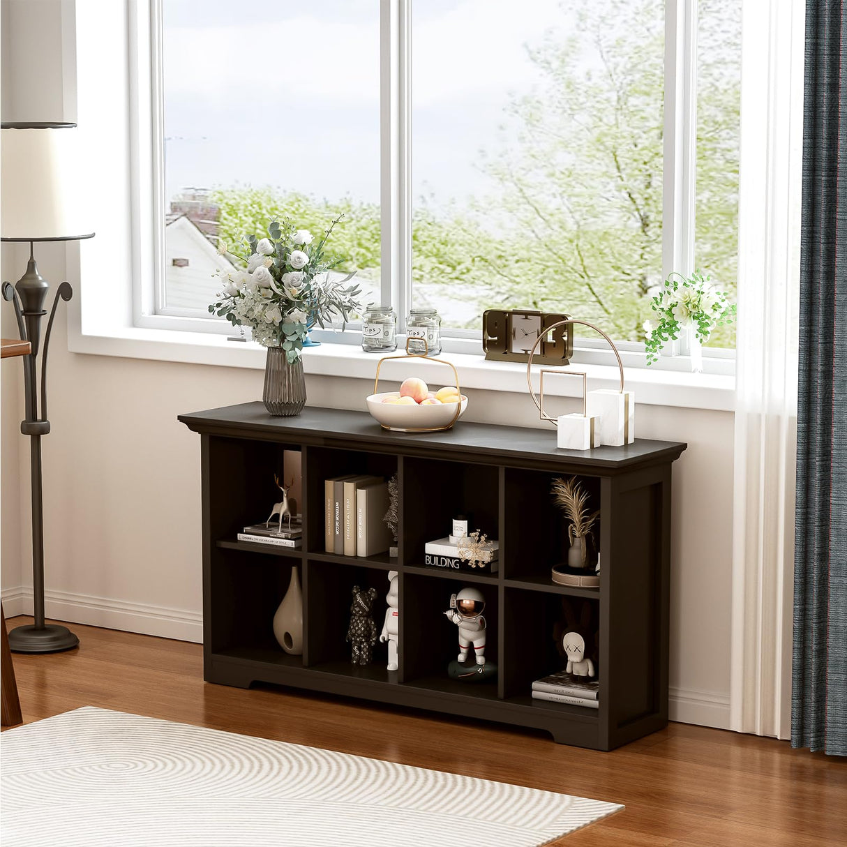 OSCHF Cube Shelf Bookcase with Base - Wooden 2 Tiers Floor Standing Low Storage Cabinet for Home and Office, 8-Cube Lattice Bookshelf, Black