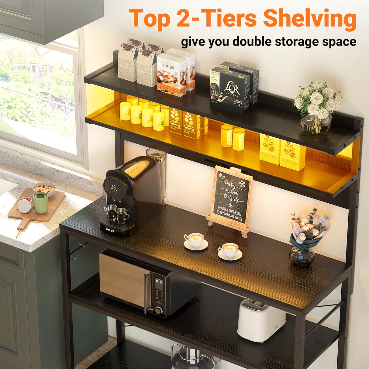 Aheaplus Bakers Rack with Power Outlet, Microwave Stand, 5 Tiers Coffee Bar Station with Led Lights, Kitchen Storage Shelf with 6 S-Shaped Hooks, Kitchen Rack Coffee Bar Stand, Black Aheaplus