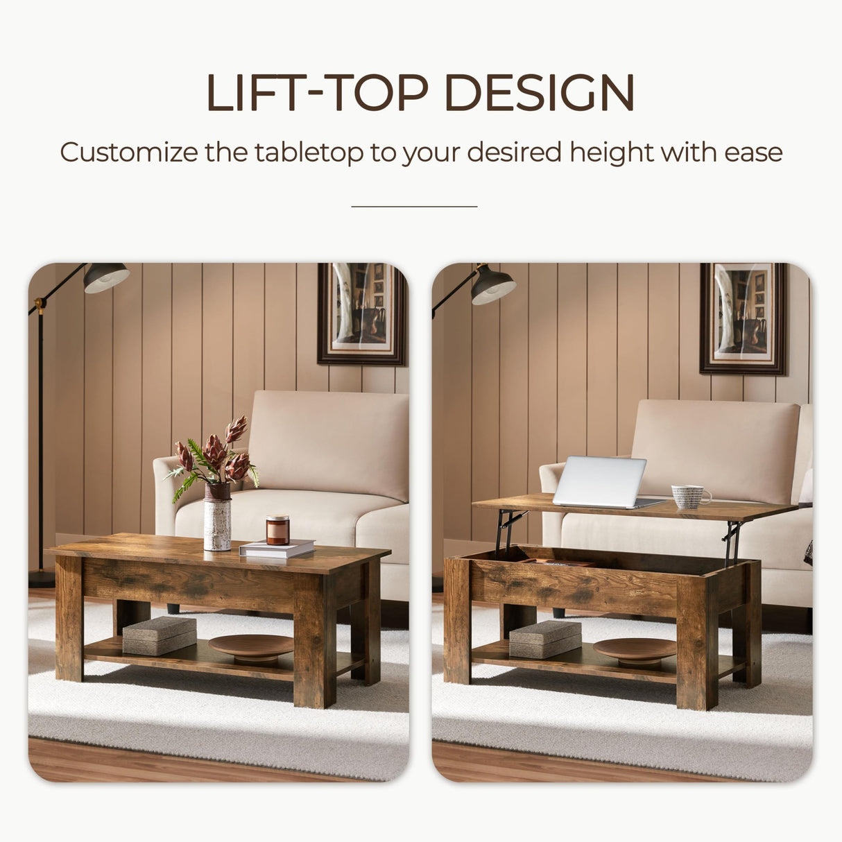 Yaheetech Vintage Coffee Table, Lift Top Coffee Table with Large Hidden Storage Shelf, Lift Tabletop Dining Table for Living Room, Home Small Space, 38.6in, Rustic Brown Yaheetech