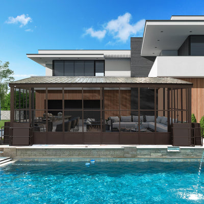 Domi 12'x20' Outdoor Sunroom Kit, Wall Mounted Solarium All Weather with 3 Sliding Double Doors, Aluminum Lean to Gazebo with Galvanized Steel Roof, Detachable PC Screen for Patio, Deck, Backyard