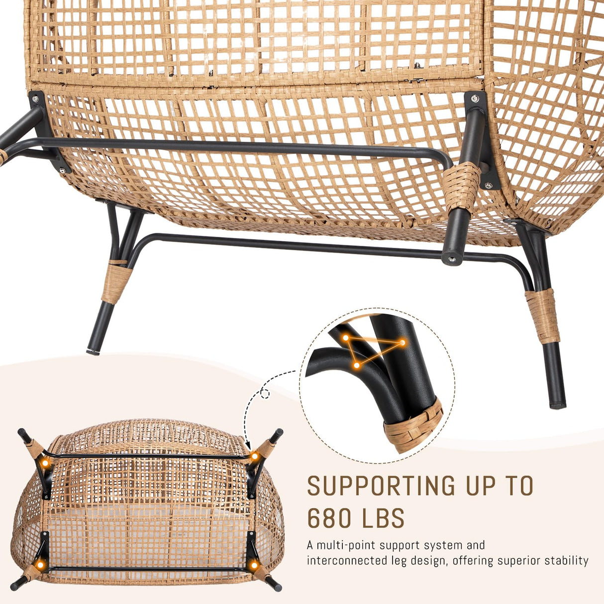 RADIATA Double Egg Chair with Footrests, 2 Person Wicker Lounge Chair with Thickened Cushion and Legs, Outdoor Wide Loveseat for Patio Garden Porch Indoor 680 lbs Weight Capacity (Beige with ottomans) RADIATA