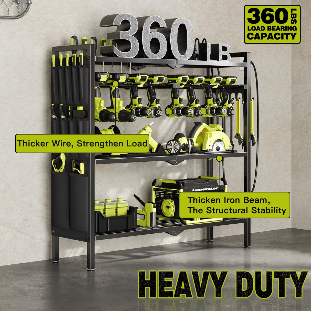 NattyDot Large Power Tool Organizer Cart with Charging Station 8 Drill Holder Garage Storage Standing Heavy Duty and Stability Storage Rack Utility Tool Shelf (Black) NattyDot