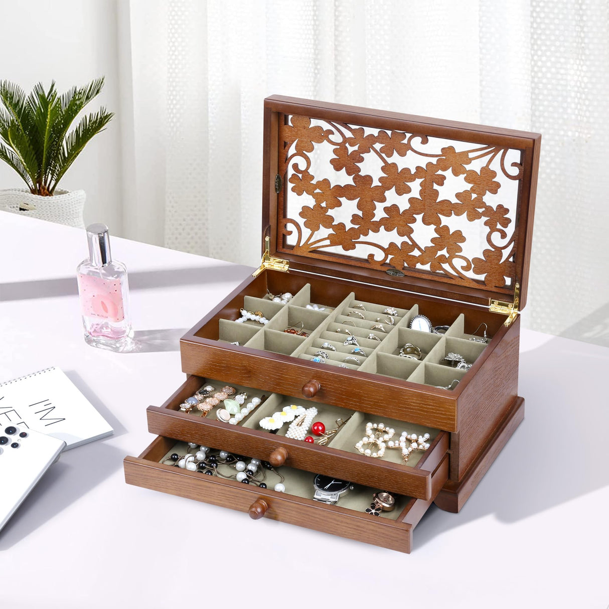 Kendal Wooden Jewelry Box for Women, Real Wooden Jewelry Holder Organizer Box with Four Leaf Clover Patterns, Graduation Gift Jewelry Boxes for Storage Earrings Rings Bracelet, Ideal Gift for Mom Kendal