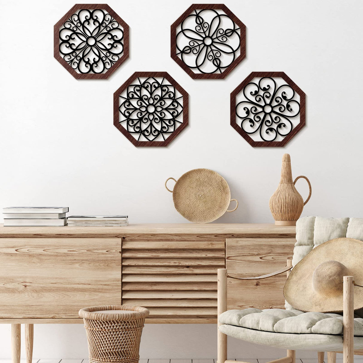 4 Pieces Thicken Rustic Wall Decor Modern Farmhouse Wall Art Decor Wooden Hollow Carved Design Rustic Wall Art for Living Room Bedroom Hallway Decor Office Kitchen Wall Decoration (Vivid Style) Yulejo