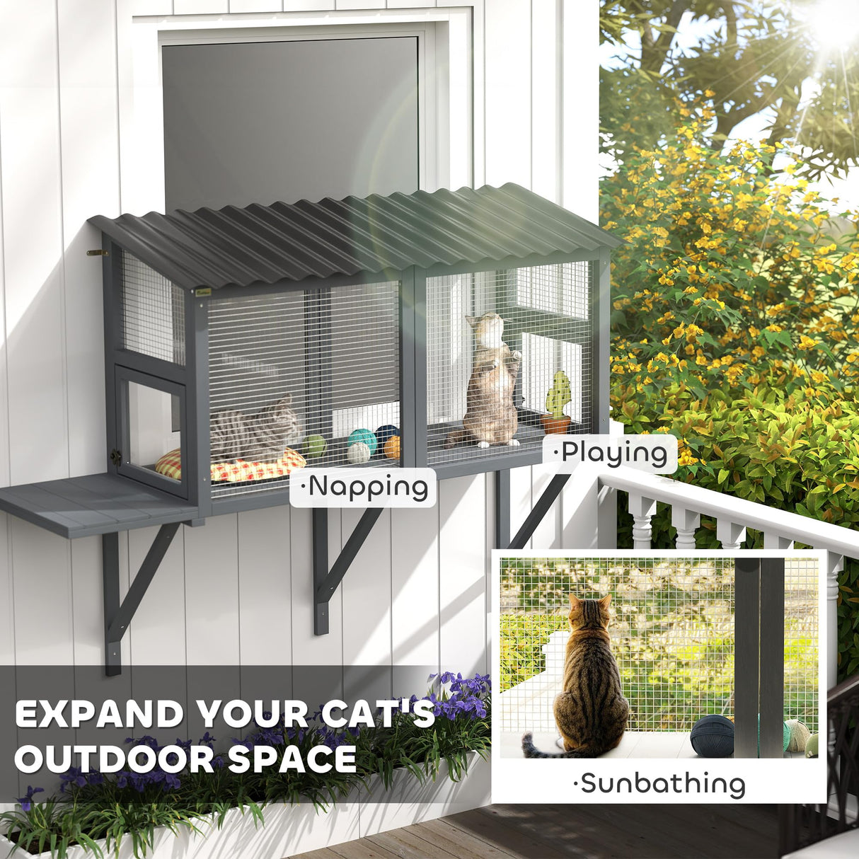 PawHut Cat Catio, Catio Outdoor Cat Enclosure for Multiple Kittens with Wooden Window Box, Jumping Platform for Safely Enjoying Outdoor Sights, Sunbathing, Napping, Playing, Gray PawHut