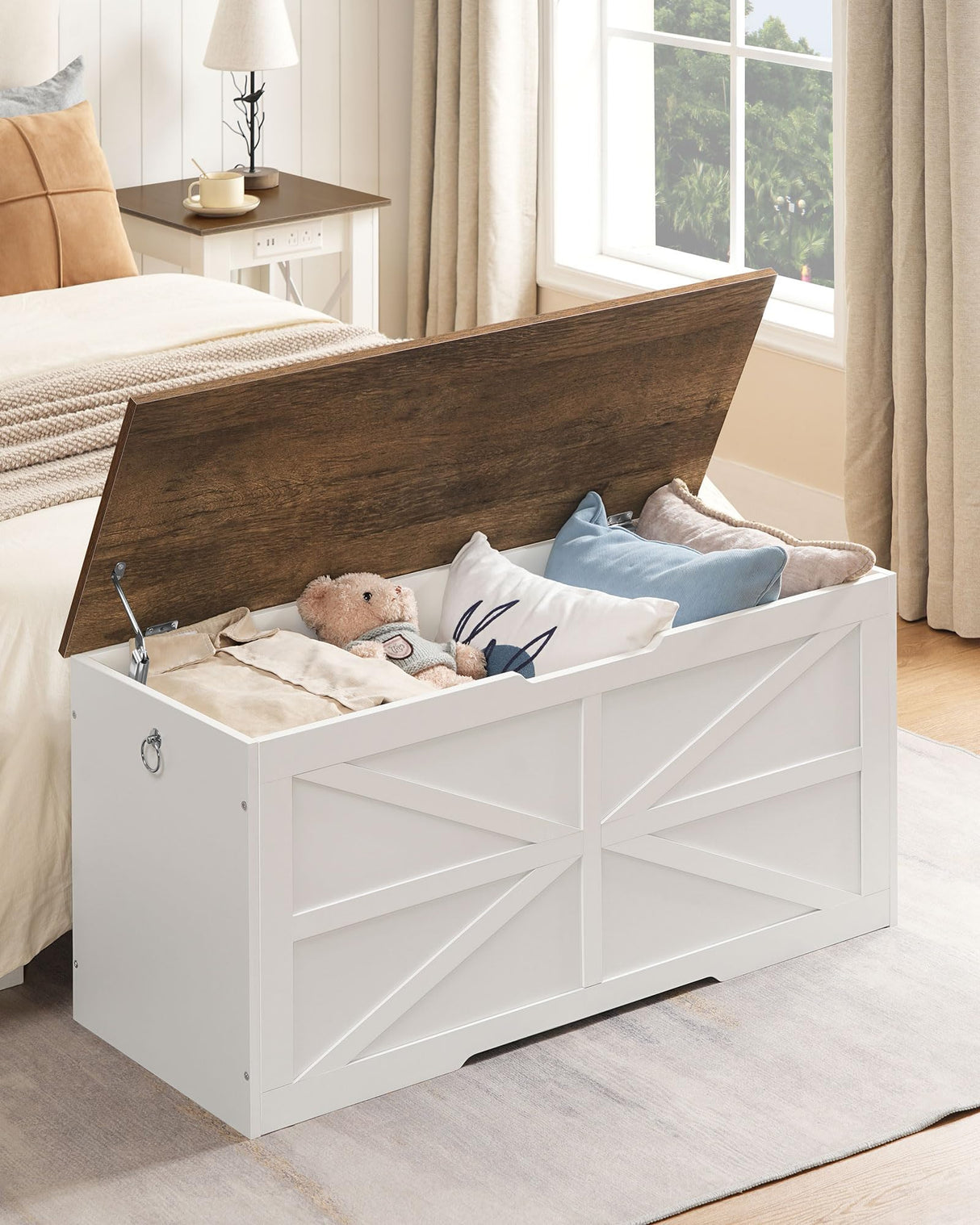 CHOEZON Storage Chest, 39.4" Wooden Storage Trunk, Modern Storage Bench with Safety Hinge, Toy Chest Storage, Farmhouse Style, for Bedroom, Living Room, Walnut and White MCW10WL CHOEZON