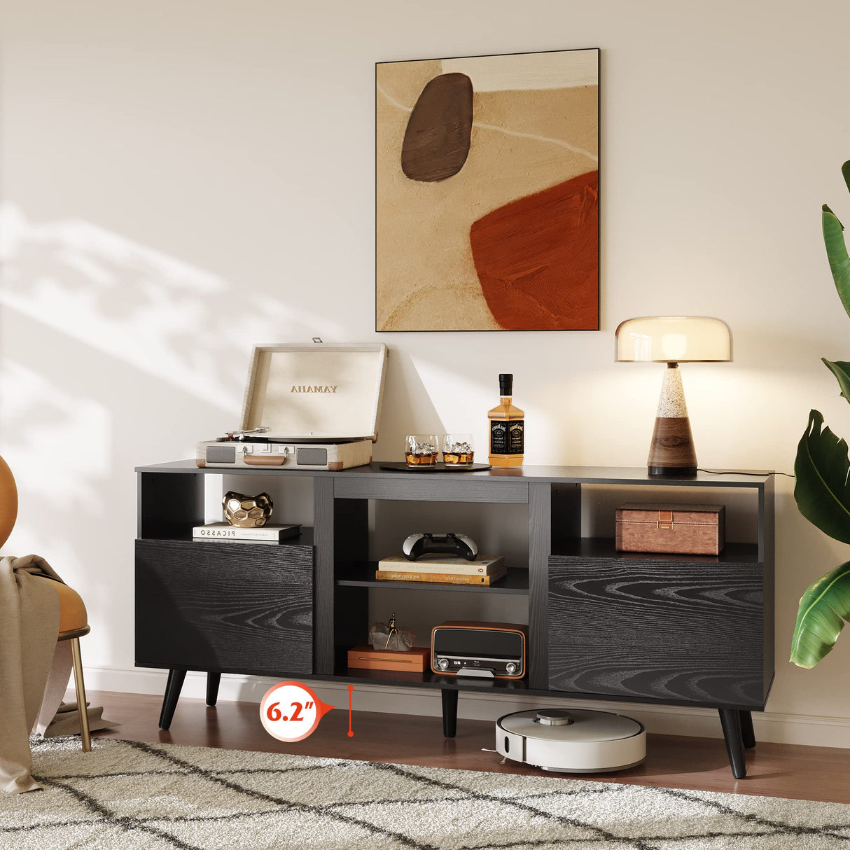 WLIVE TV Stand for 65 Inch TV, 58 inch Entertainment Center with 2 Storage Cabinets, Media Console for Living Room, Bedroom and Office, Black WLIVE