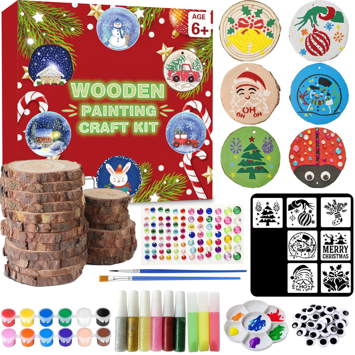 Wood Ornaments for Crafts, 20 Pcs Unfinished Wood Slice Predrilled with Hole Wooden Circles Christmas Craft Kits, Glow in The Dark DIY Ornament Decorating Art Kit with Xmas Painting Stencils Golabarell