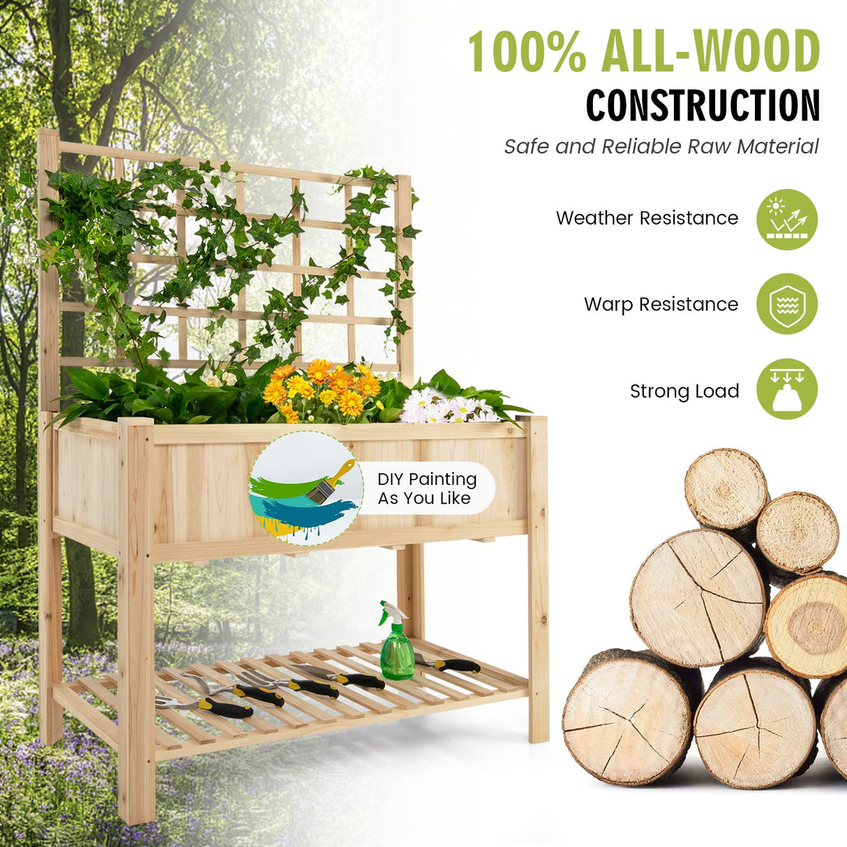 S AFSTAR Raised Garden Bed with Trellis, 48x23x63in Elevated Planter Box with Legs, Bottom Storage Shelf, Planter Liner, Wood Standing Planter Stand for Climbing Plants Flowers Vegetables Herbs S AFSTAR