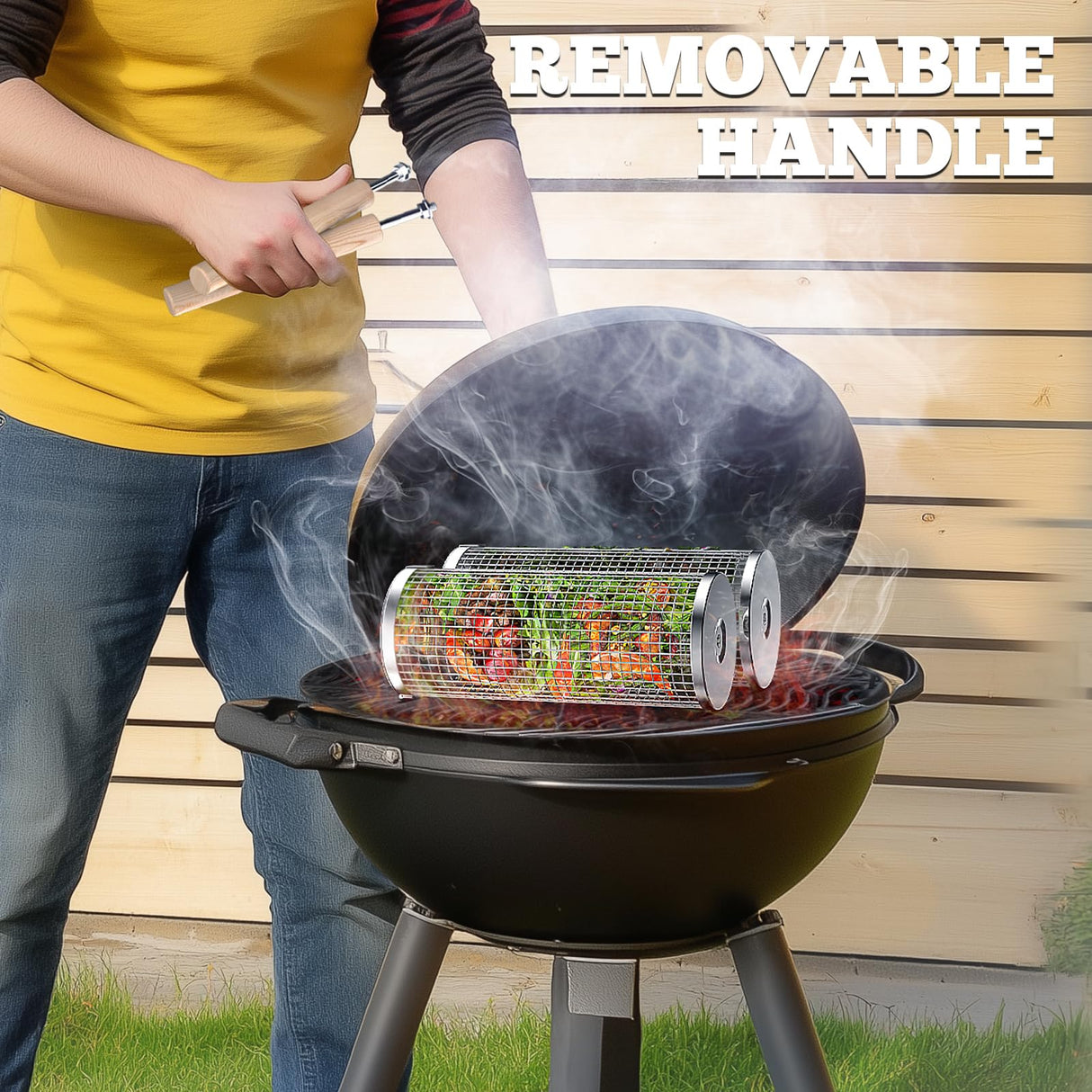 Ivtivfu Nesting Grill Baskets (2PCS), Removable Wooden Handle, 304 Stainless Steel, Rolling Grilling Net, BBQ Accessories Tools for Vegetables Shrimp, Outdoor Cooking Camping, Gifts for Men Dad Husband Ivtivfu