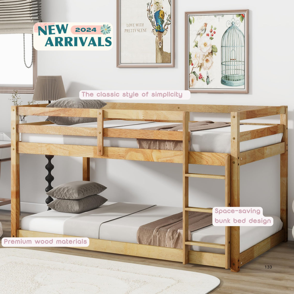 Low Bunk Beds Twin Over Twin Floor Bunk Bed Frame Junior Loft Bed for Kids Boys Girls Teens, Natural Bellemave