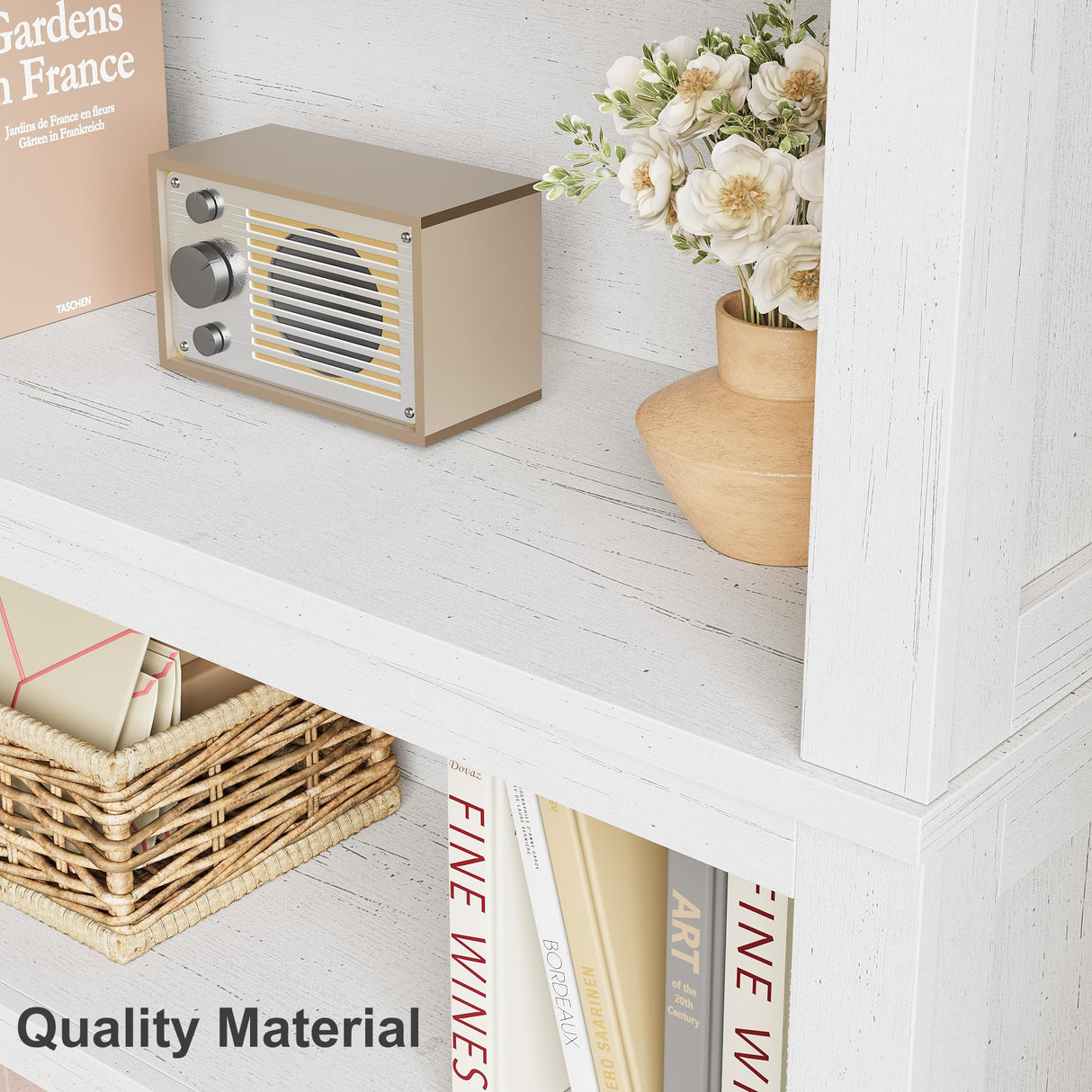 IDEALHOUSE 5 Tier Bookcase with Adjustable Shelves, 71" Tall Narrow Bookshelf w/Wooden Legs, Farmhouse Narrow Bookcase for Living Room Apartment Office (1, White) IDEALHOUSE