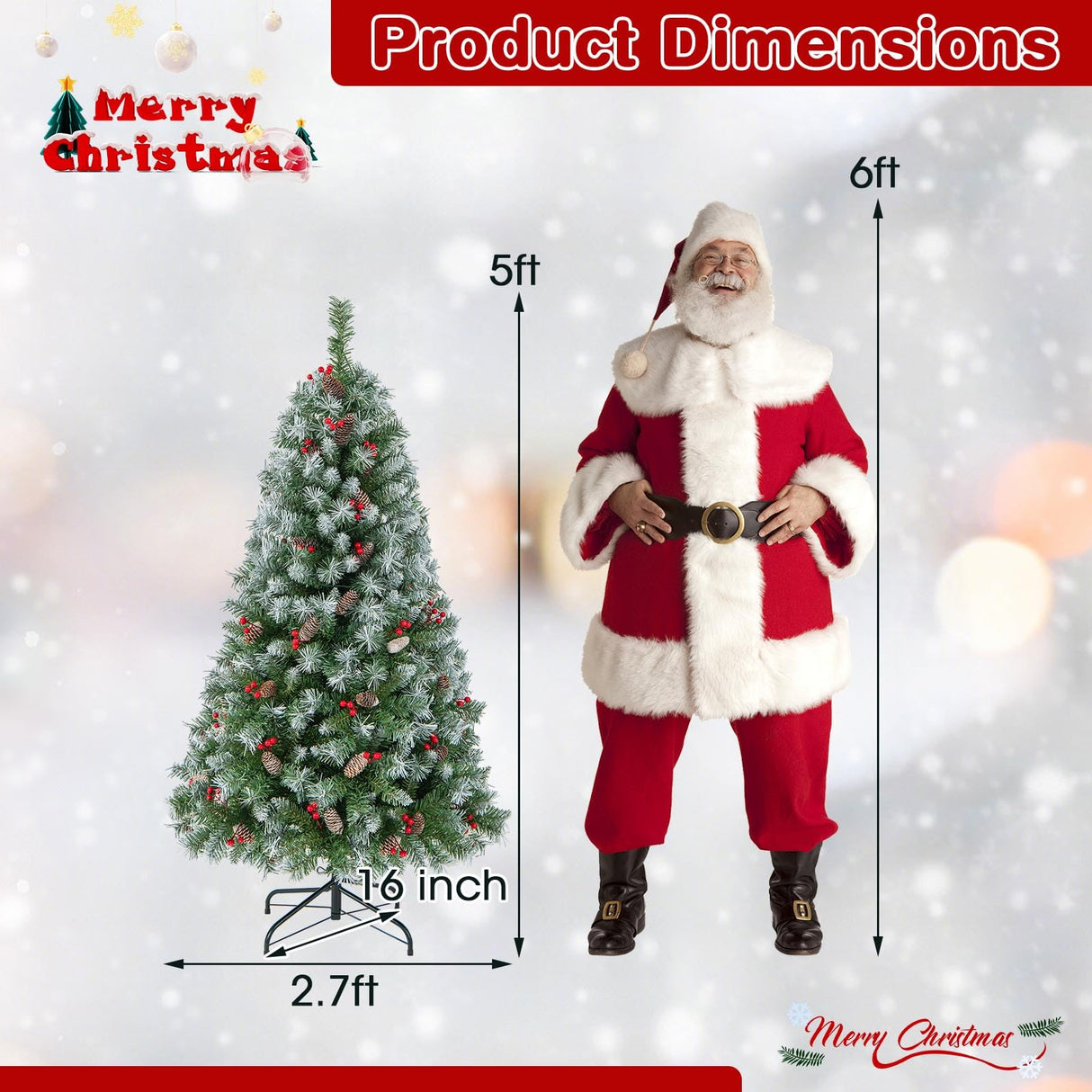 Goplus 5ft Pre-Lit Christmas Tree, Artificial Hinged Xmas Tree with 200 Warm-White LED Lights, 8 Lighting Modes, 450 Branch Tips, Red Berries & Pinecones, for Holiday Party Office Home Decor Goplus