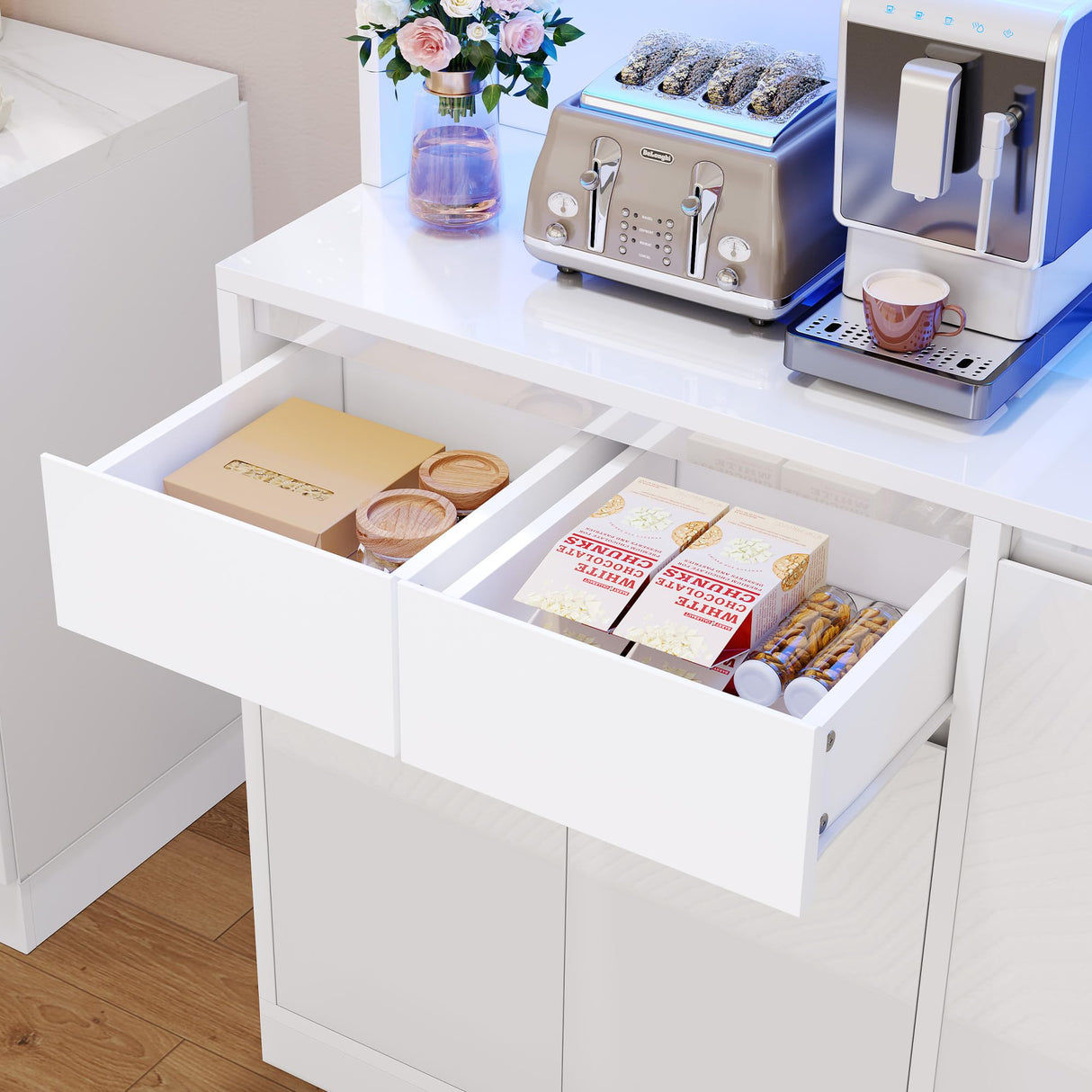 DWVO 71''Tall Kitchen Pantry Storage Cabinet, Modern Buffet Cabinet with Hutch, Kitchen Hutch Cabinet with Outlet, Large Food Pantry Cabinet with Doors and Shelves, Wine Rack for Dining Room, White DWVO