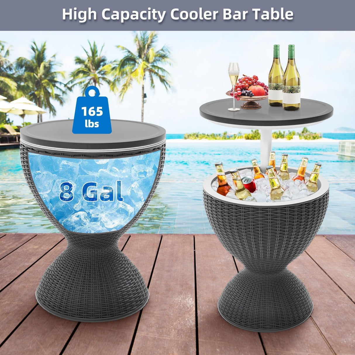 SHAREWIN Outdoor Cooler Table, Height-Adjustable Patio Bar Tables 8 Gallon Beer and Wine Cooler, 3-in-1 Rattan Style Ice Bar with Drainage Plug for Pool Party (Black) SHAREWIN