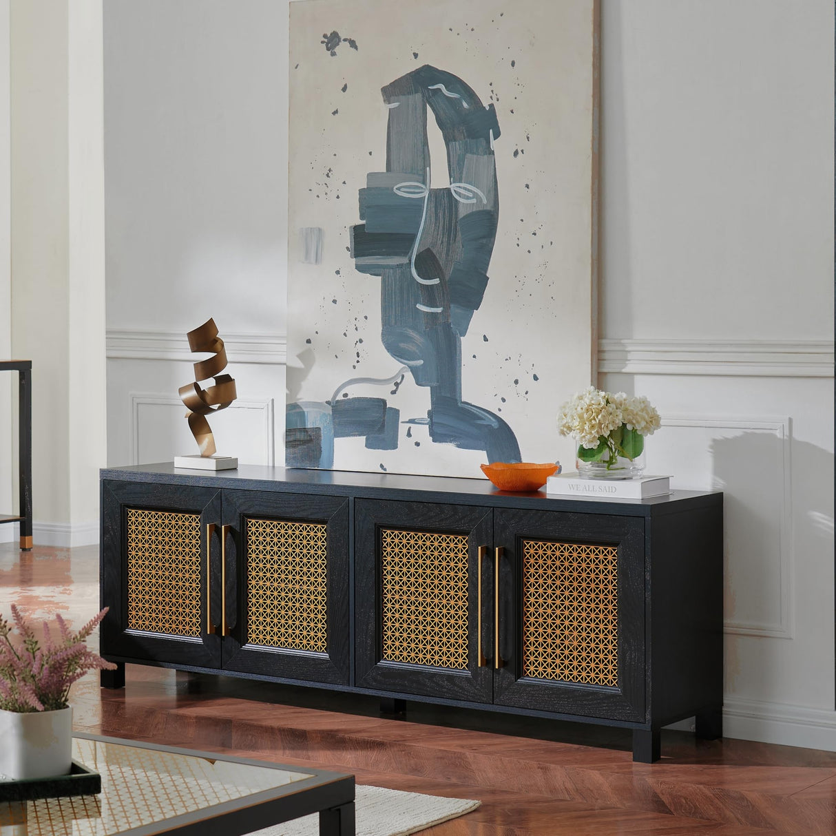 JYED Mid Century Modern TV Stand for TVs up to 75", with Gold Hollow Metal Mesh Decorated, Boho TV Console with Storage Cabinets, Black TV Stand for Living Room, 69.5"x15.6"x24.8" JYED DECOR