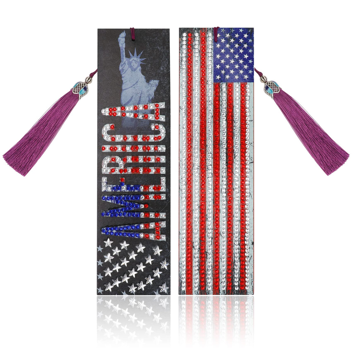 MWOOT 2 Pcs American Flag 5D Diamond Art Painting DIY Bookmarks, Marcadores Libro Pintura Diamantes Leather Tassel Bookmark, Statue of Liberty Beaded Book Marks for Independence Day July Fourth Gift MWOOT
