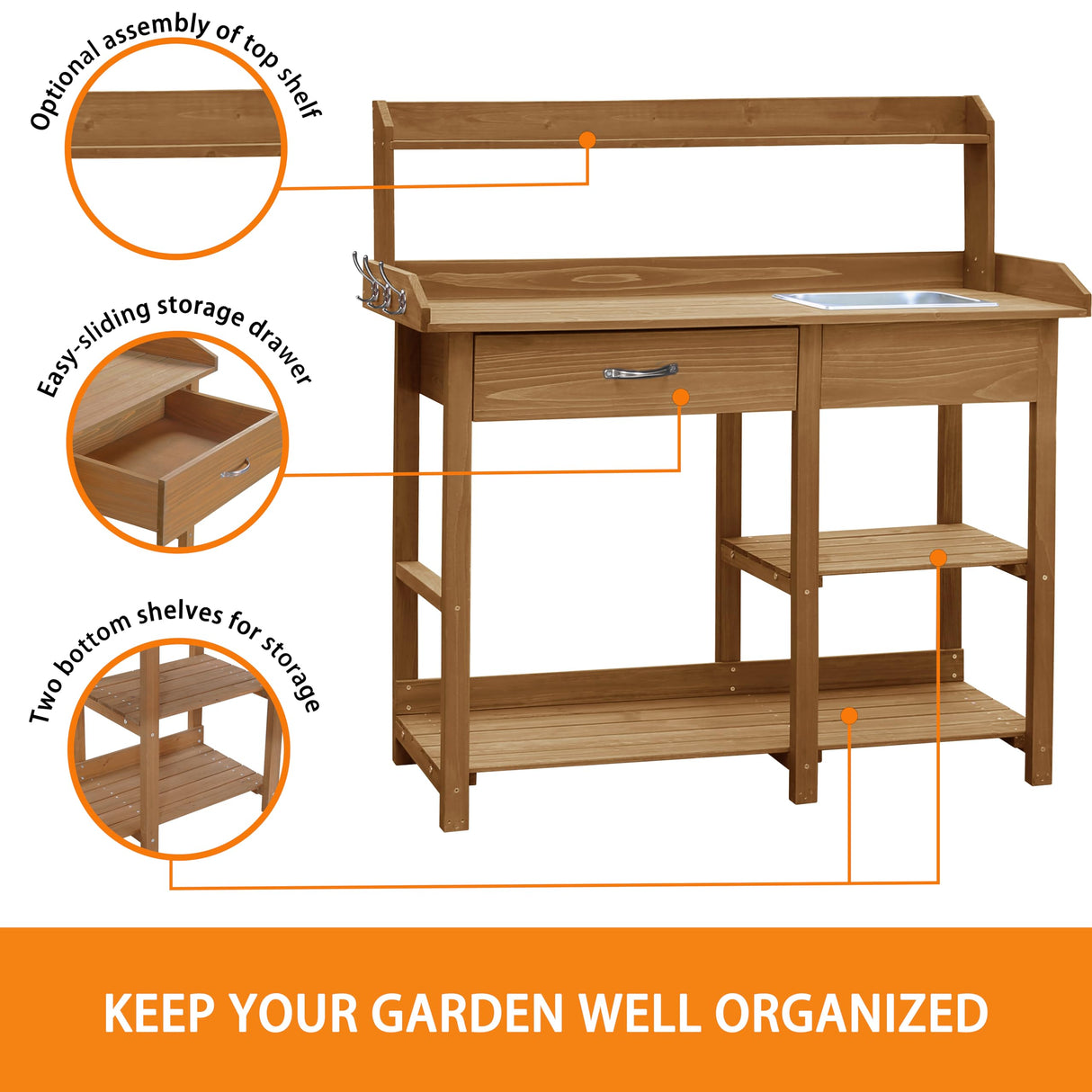 BlueWish Potting Bench, Potting Benches for Outside, Potting Benches & Tables with Drawer, Adjustable Shelf Rack, Removable Sink, Three Hook BlueWish