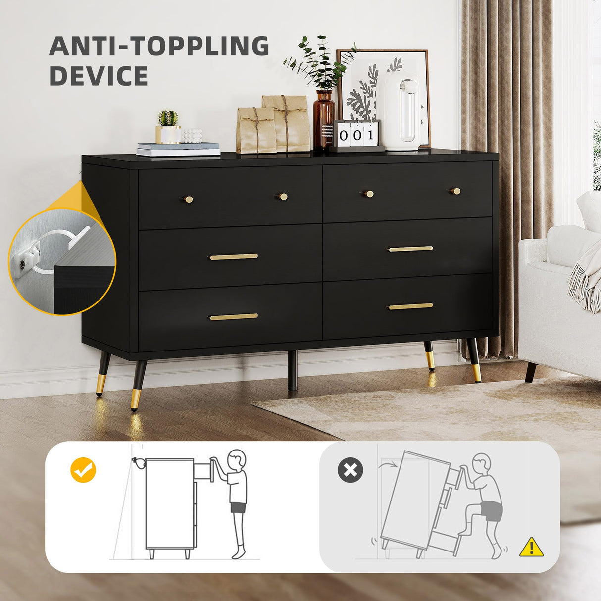 DWVO 6 Drawer Dresser, Black Wooden Drawers Storage Dresser with Golden Metal Handle & Anti-Tipping Device, Modern Double Chest of Drawers for Hallway, Entryway, Living Room DWVO