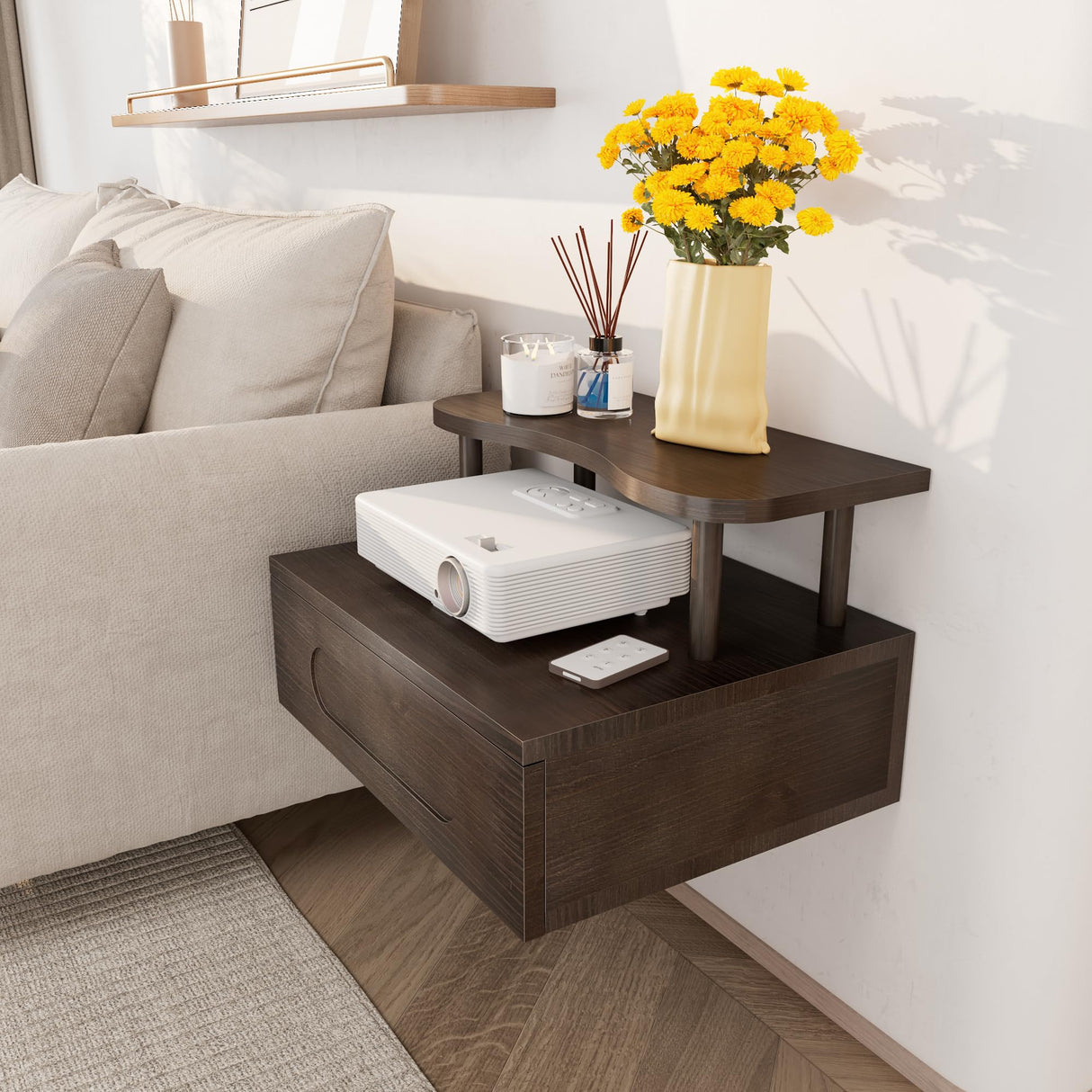 LUPWNEKA Floating Nightstand with Drawer - Brown Nightstand Floating Bedside Table, 2-Tier Wooden Bedroom Shelves for Wall, Morden Wall Mounted Nightstand for Bedroom, Bathroom, Study Room LUPWNEKA