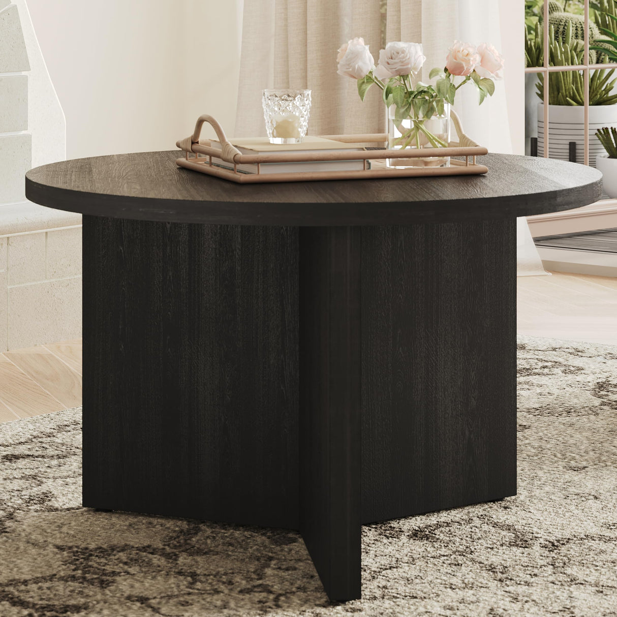 Luoxiao Coffee Table for Small Space, Minimalist Modern Table for Living Room, Durable & Sturdy Small Round End Table with Adjustable Feet Pads, Black Luoxiao