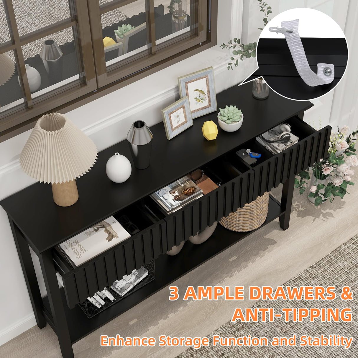 LAZZO Painted Wood Console Table Narrow Long Sofa Table Modern Behind Couch Table Fluted Entryway Table with 3 Drawers and Open Storage Shelf for Living Room, Foyer and Hallway Black (Black, 1 Tier) LAZZO