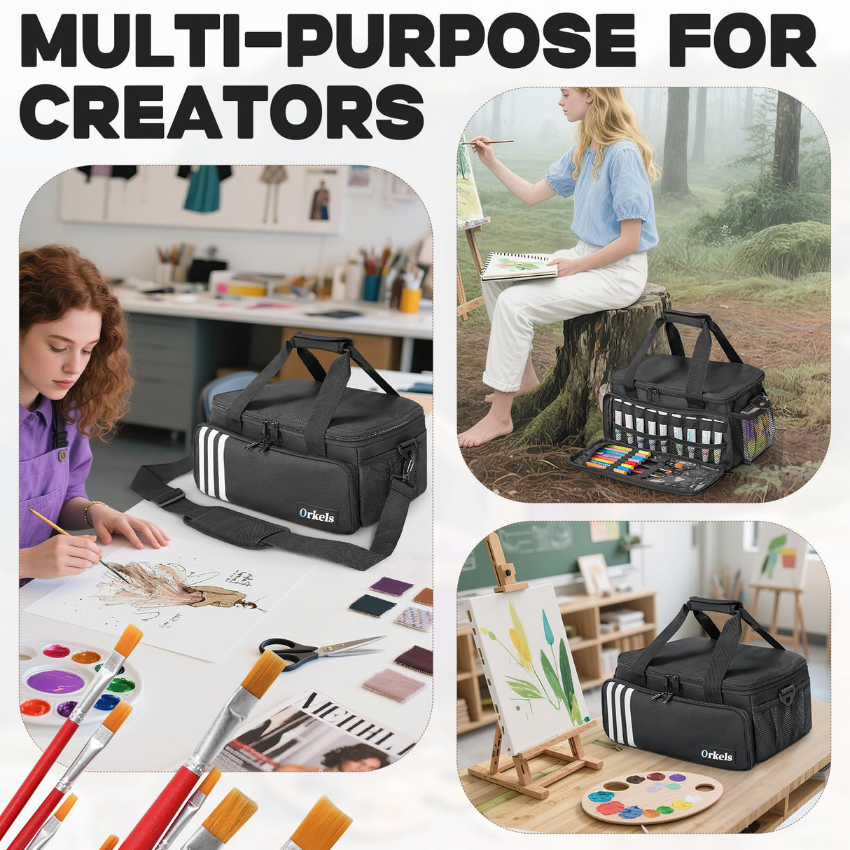 ORKELS Craft Paint and Marker Organizer, Acrylic Paint Storage Bag with Brush and Bottle Holders, Large Marker Carrying Case for Artists (Black) ORKELS