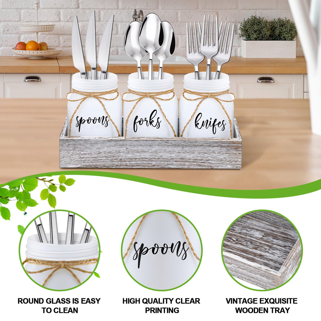 Tiangrid 4 Pcs Silverware Utensil Holder Mason Jar with Wooden Utensil Organizer for Kitchen Countertop Forks Spoons Knives Storage White Farmhouse Kitchen Caddy Glass Cooking Decor for Party Tiangrid
