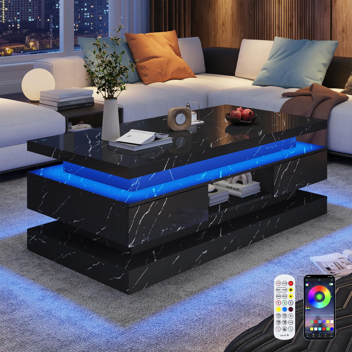 47.2 inch Modern High Glossy LED Coffee Table with 2 Sliding Drawers, Double-Layer Center Tables with LED Lights for Livings Room Furniture, Black chartustriable