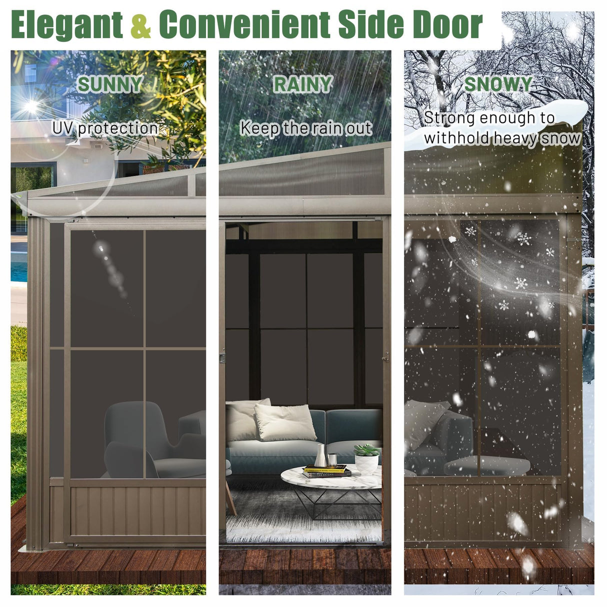 Domi 10’ x 12’ Sunroom, All-Season Wall Mounted Gazebo Solarium with Front Door, Side Entrance, Galvanized Steel Sloping Roof, PVC Screen, Outdoor Permanent Sun Room Lean to Gazebo for Deck Patio domi outdoor living