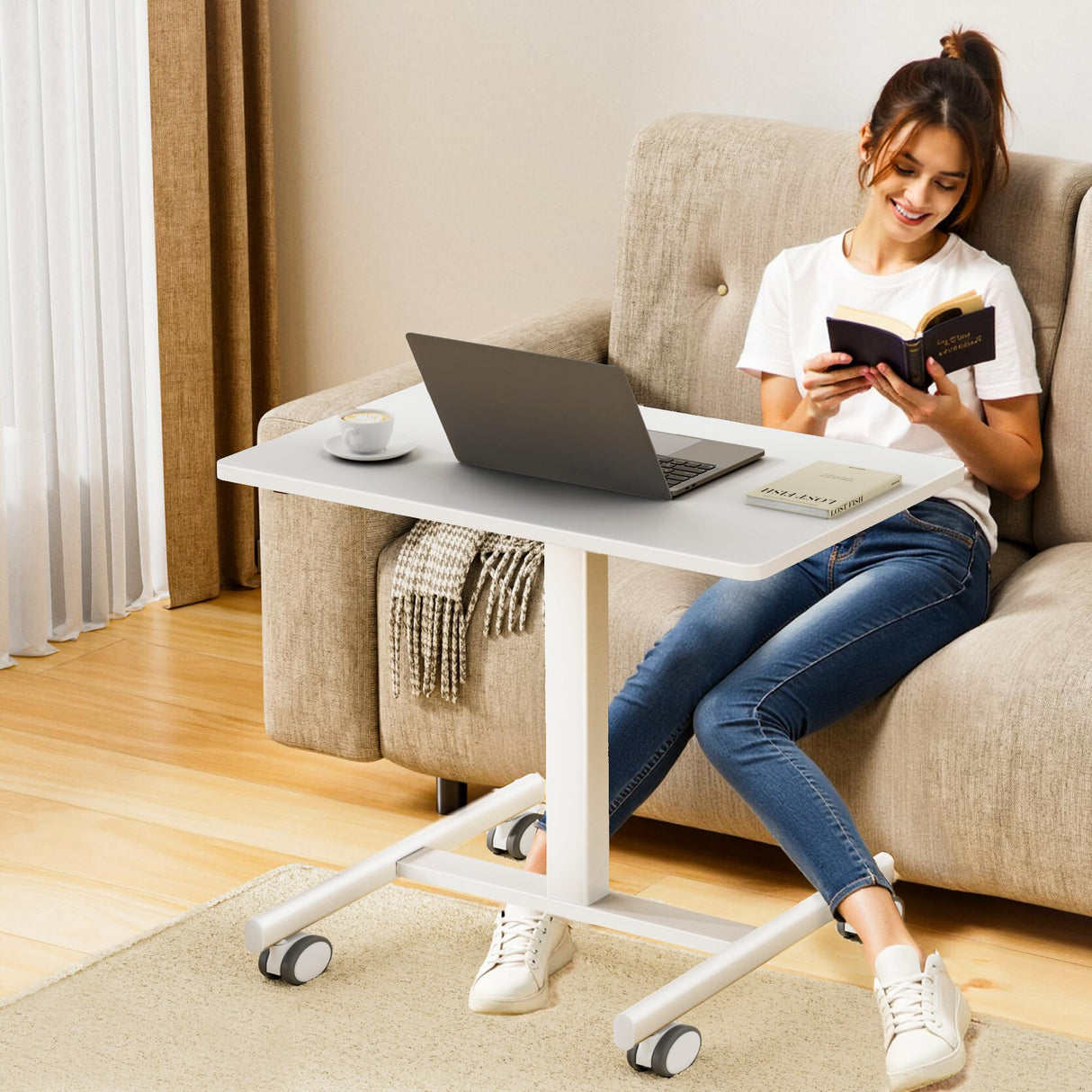 GallopFun Mobile Laptop Standing Desk Adjustable Height, Small Mobile Desk Workstation with Wheels, Portable Rolling Computer Desk Cart for Home Office Classroom (White) GallopFun