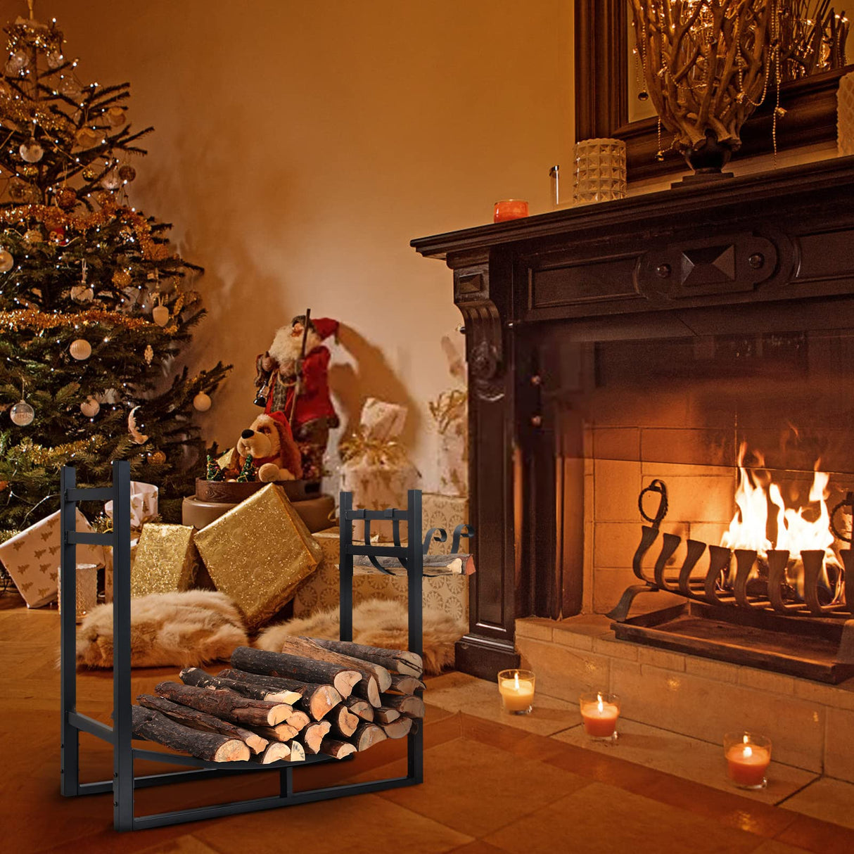 PHI VILLA Heavy Duty Firewood Racks Indoor/Outdoor Log Rack with Kindling Holder, 30 Inches Tall, Black PHI VILLA