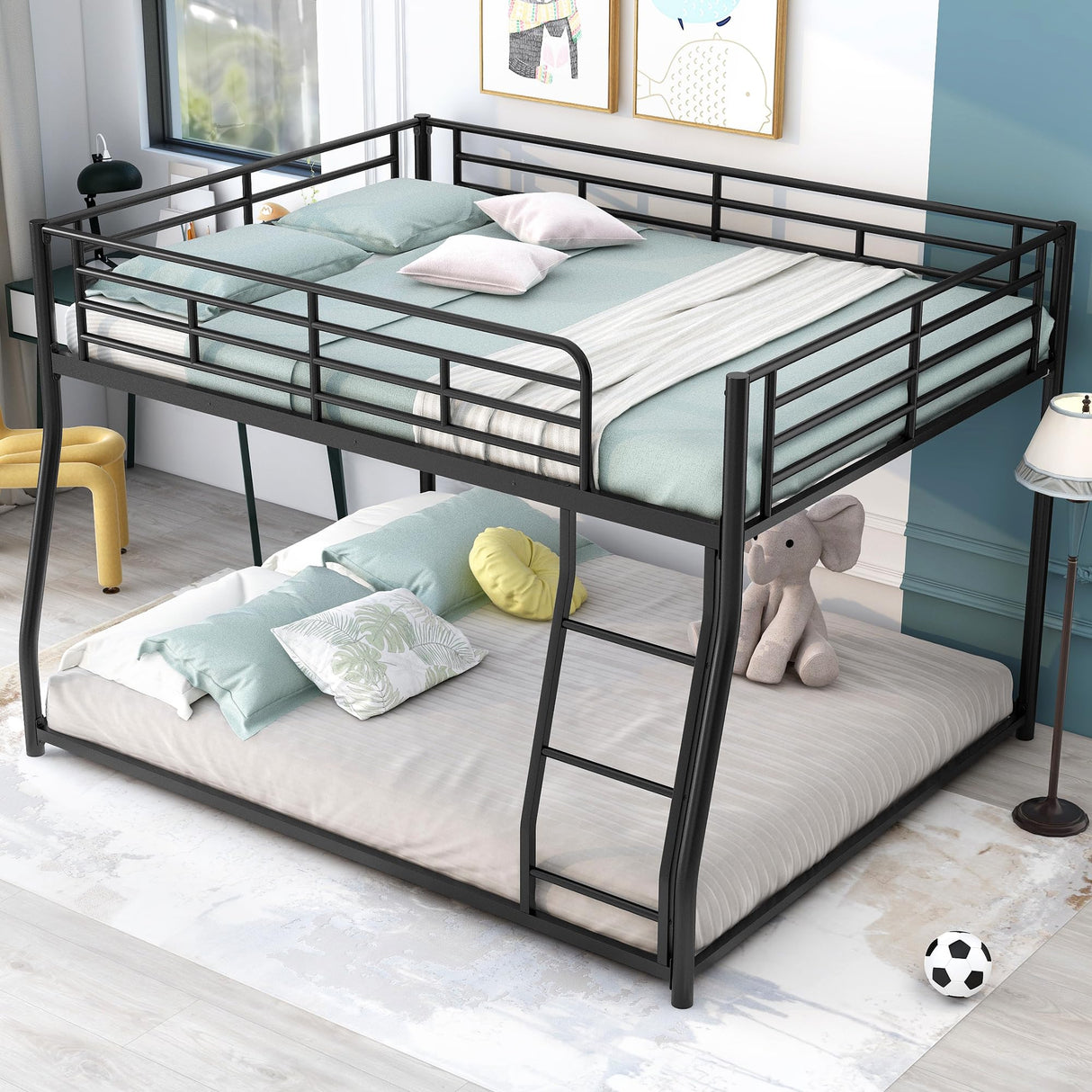 CITYLIGHT Metal Bunk Beds Full XL Over Queen, Heavy-Duty Metal Floor Bunk Bed Frame with Ladder and Guardrail for Kids, Teens, Adults, Black CITYLIGHT